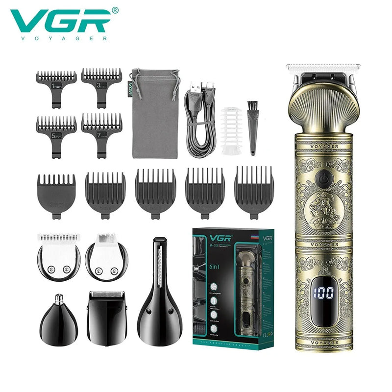 Cortadora de pelo 6 en 1, recortadora de nariz, afeitadora corporal profesional, VGR-Kit de aseo para cortar el pelo, recargable, V-106 Vintage de Metal