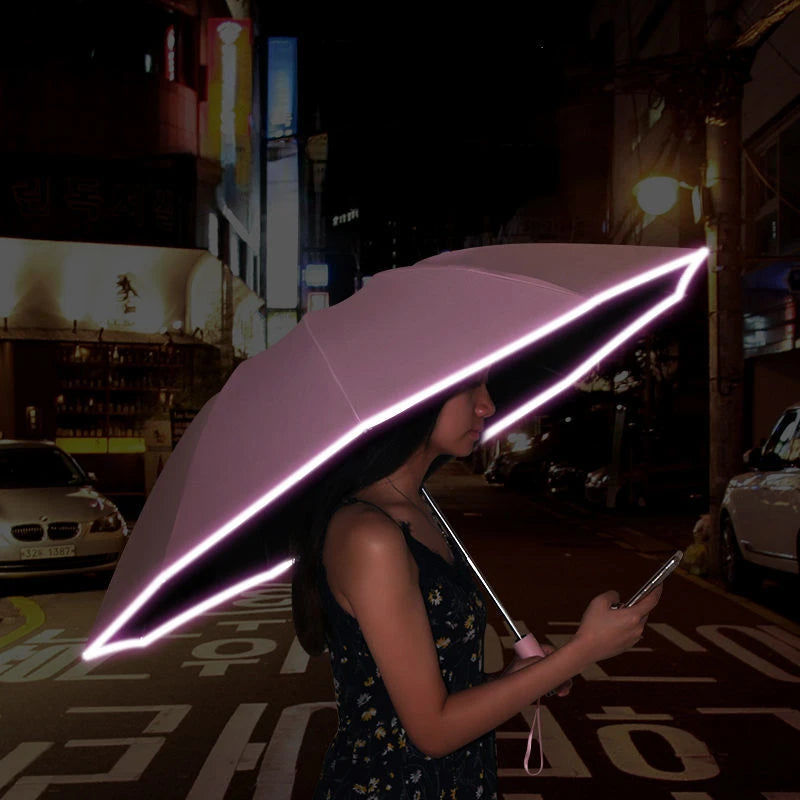 Paraguas plegable con tira reflectante mágica, sombrilla resistente al viento, al sol, al revés, para una noche oscura segura al aire libre, Anti-UV