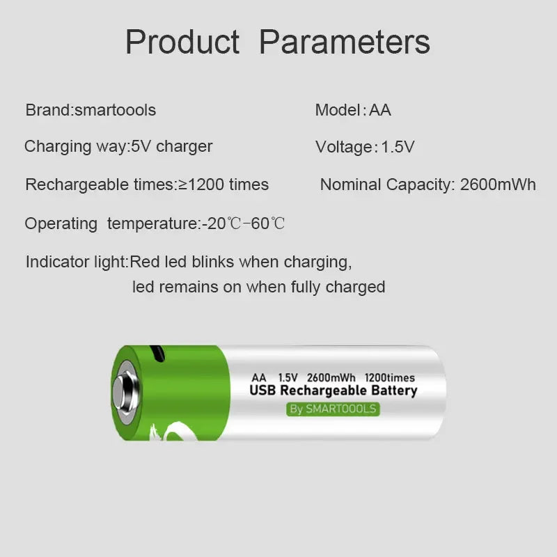 Batería de iones de litio recargable por USB, alta capacidad, 1,5 V, AA, 2600 mWh, para control remoto, ratón, pequeño ventilador, batería de juguete eléctrico + Cable